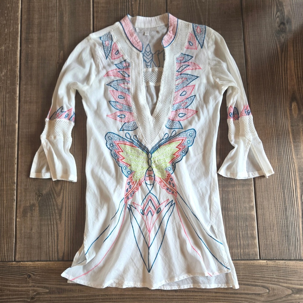 Y2K White Diamonds Butterfly Embroidered‎ Tunic Dress Cover Up White Pink Fairy